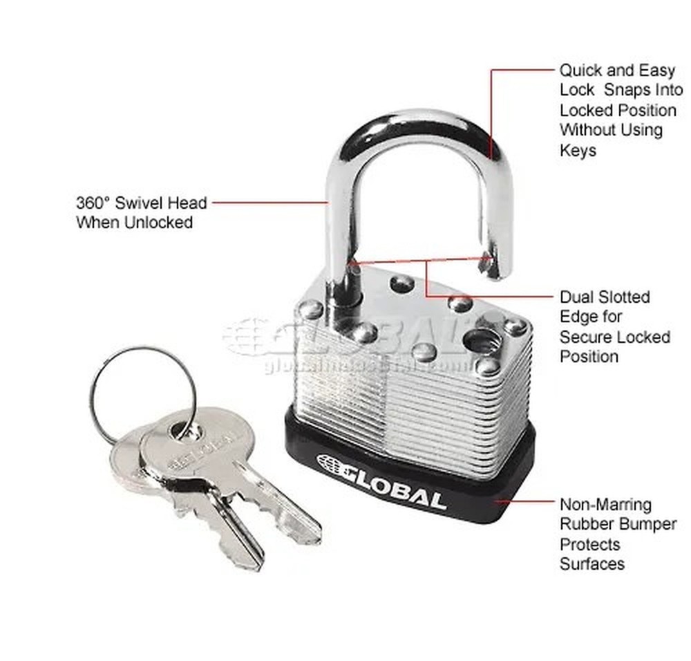 General Security Laminated Steel Padlock, Bumper & 2 Keys, Keyed Differently