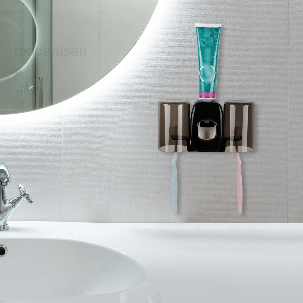 4 Slots Wall Mount Toothbrush Holder with Cover, Self Adhesive Black