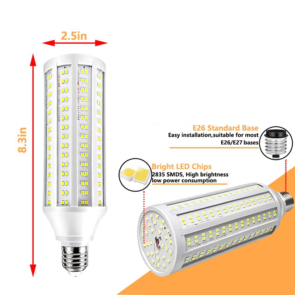 500W Equivalent LED Corn Light Bulb 3000 Lumen 6000K 60W Daylight White E26/E27