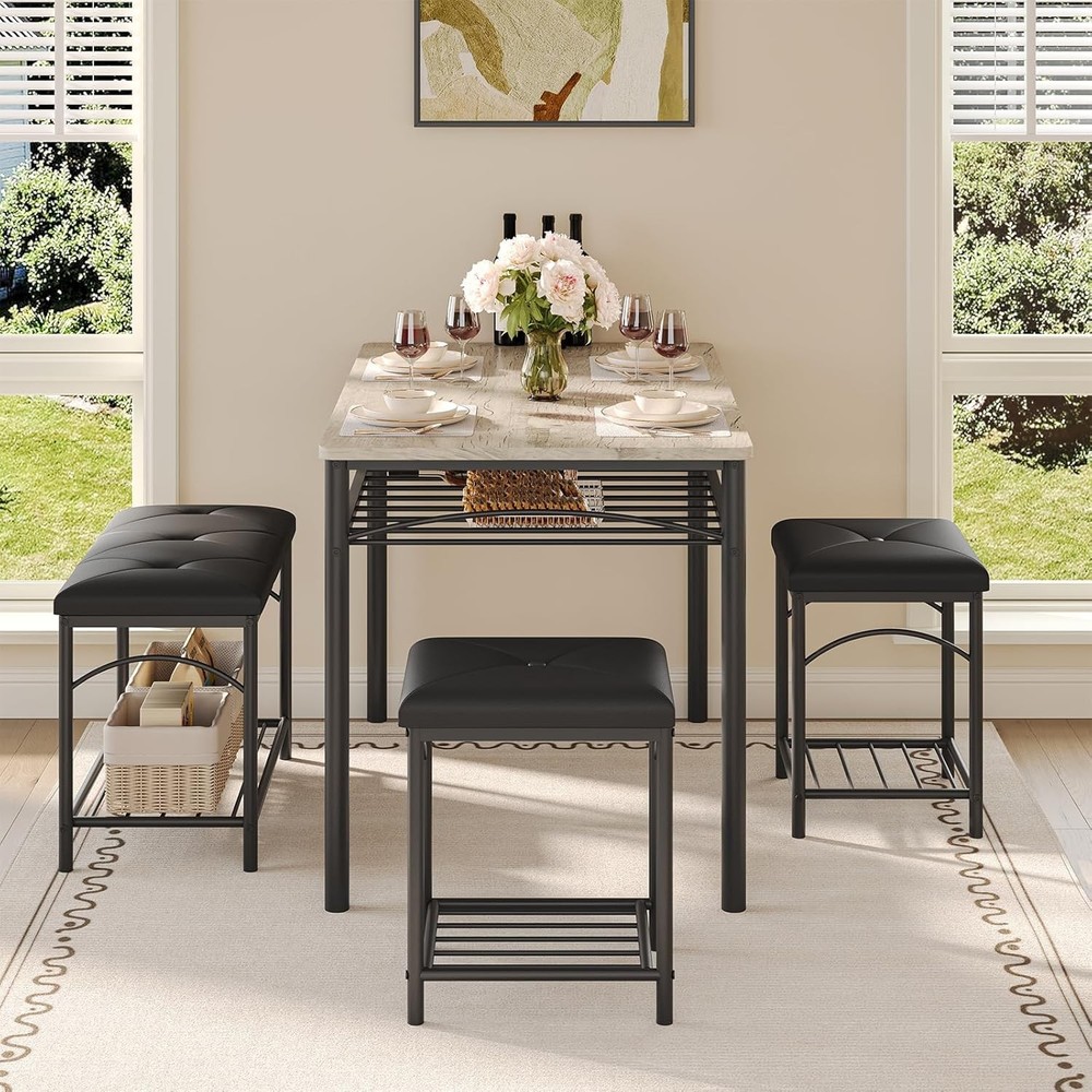Set for 4 Dining Table Set Kitchen Table W Upholstered Bench and 2 Stools