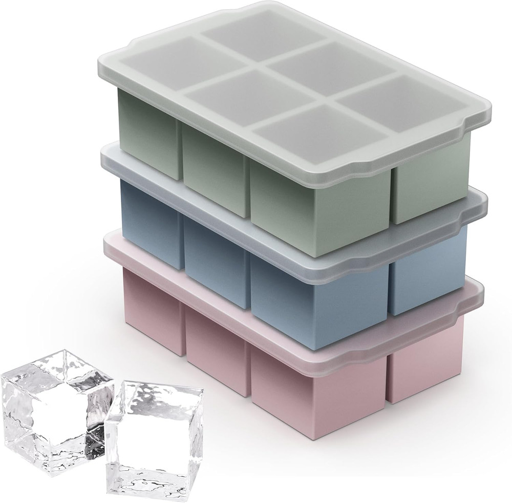 3 Packs Large Ice Cube Molds with Stackable Lid,Silicone Ice Cube Tray for Freez