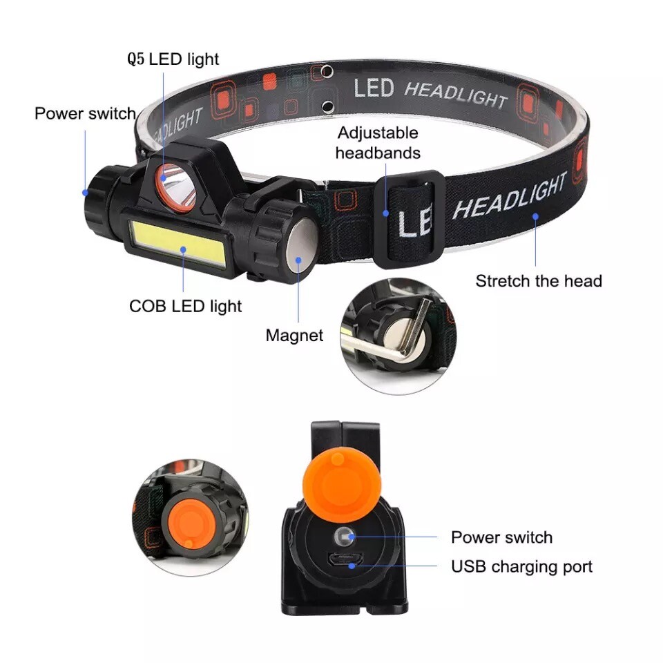 USB Rechargeable Waterproof LED Headlamp Headlight Head Light Flashlight 2 Modes