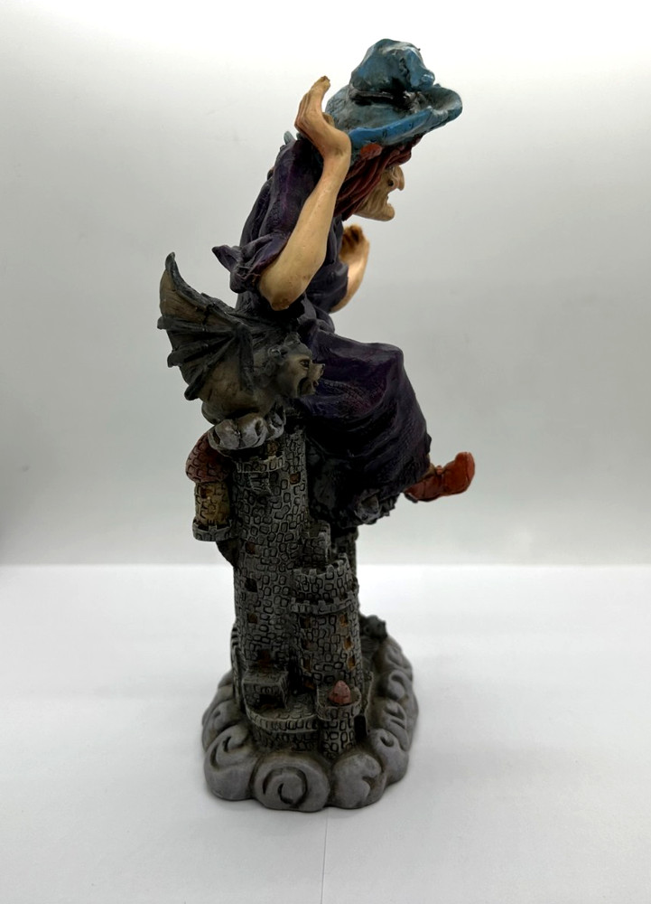9" Floating Witch Over Castle & Bat Resin Figure