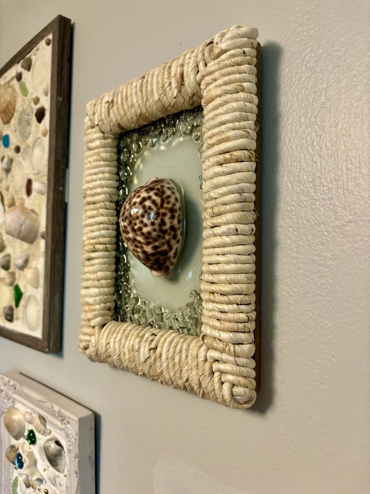 Seashell Resin Art - Rustic Bamboo Style Frame With Crashed Glass