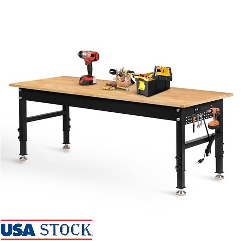 70 In Adjustable Height Workbench 2000LB Heavy Duty Table Power Outlets Pegboard