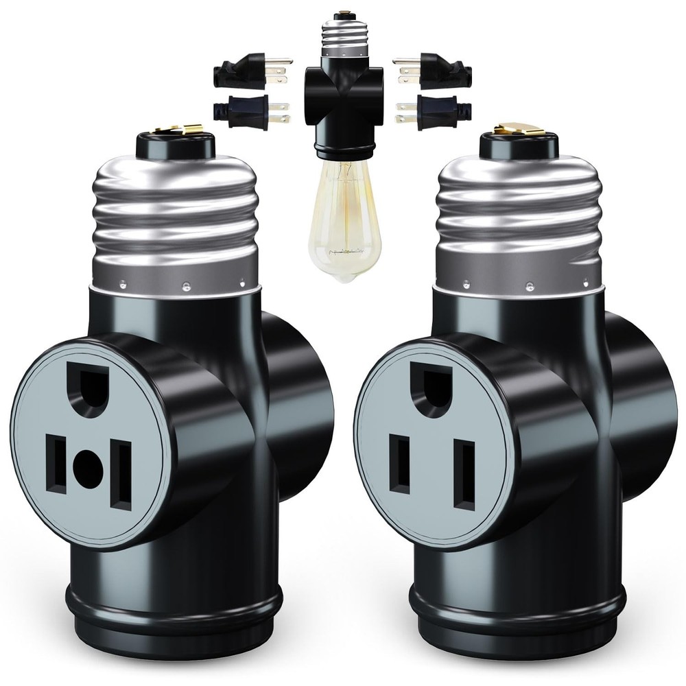 2 Pack, Light Socket to Plug Adapter, Convert E26 Light Socket to 3-Prong Out...