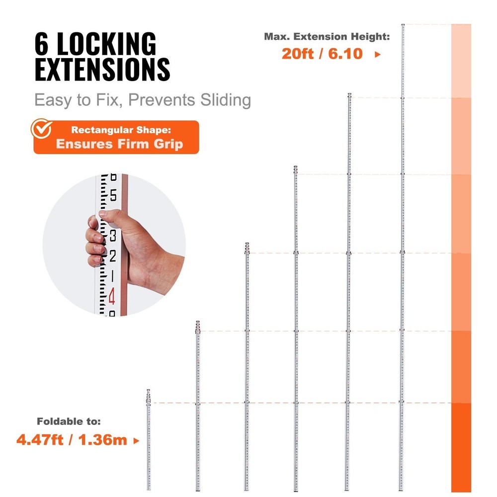 20ft Height Adjustable Leveling Rod Telescopic Sections 1/10ft Calibration