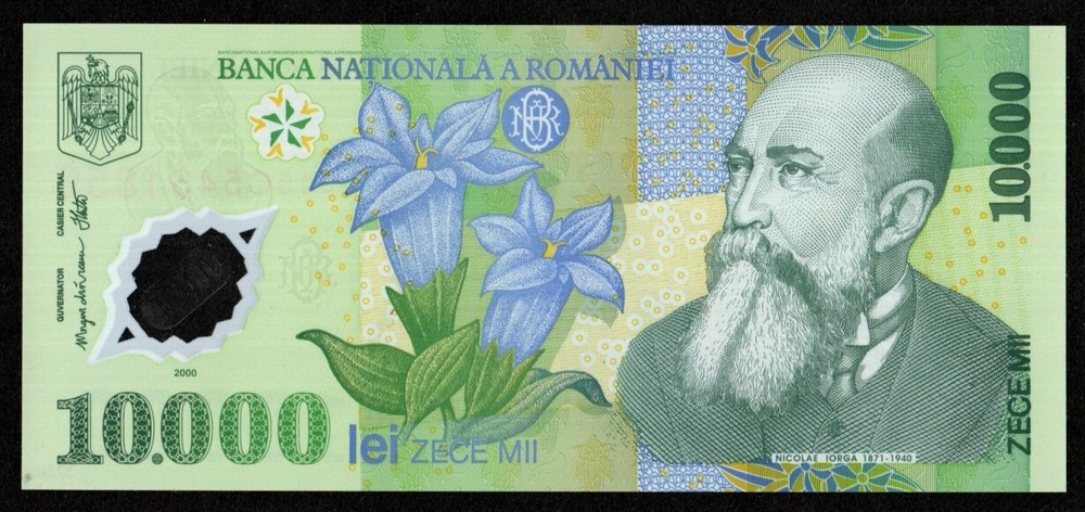 ROMANIA 10,000 LEI BANKNOTE POLYMER 2000 - CRISP UNC