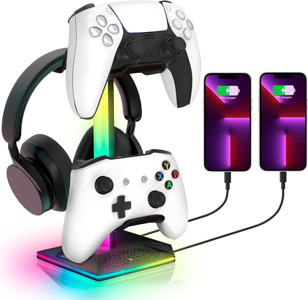 RGB Gaming Controller Holder, Headphone Stand With 2 USB Charging and 1 Type-C