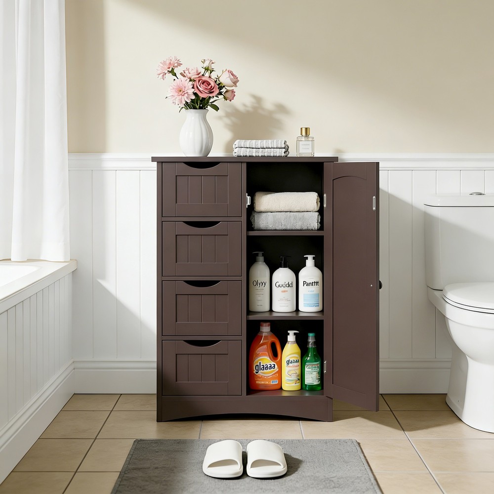 Brown Bathroom Storage Cabinet with Adjustable Shelf Floor Storage Cupboard