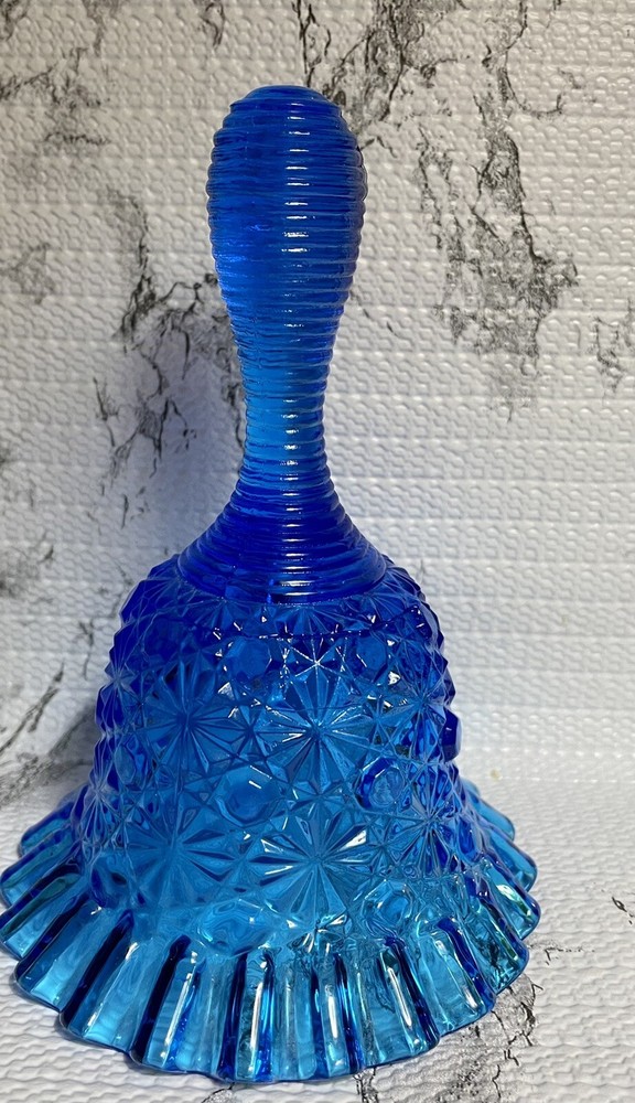 Fenton Blue Daisy Button Glass Bell Ribbed Handle Blue - Missing Clapper