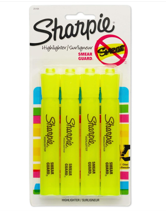SHARPIE Tank Style Highlighters, Chisel Tip, Fluorescent Yellow, 4 Count