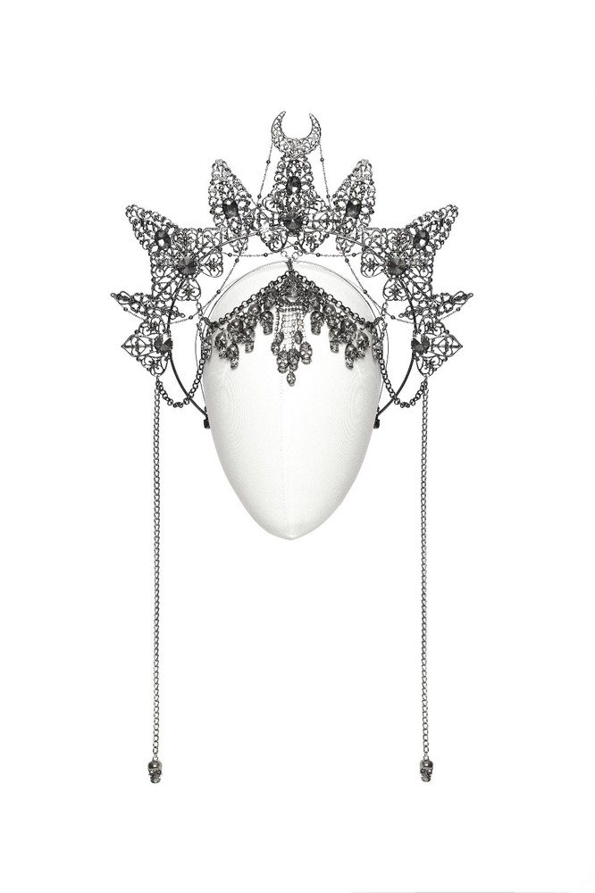Gothic Moon Crescent Spiked Crown Headpiece with Beaded Fringe