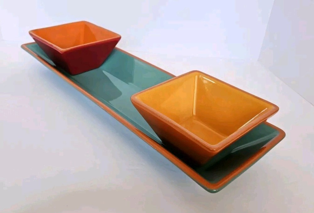 Crate & Barrel Agave 18.5" Aqua Rectangular Serving Tray + 2 5" Condiment Bowls