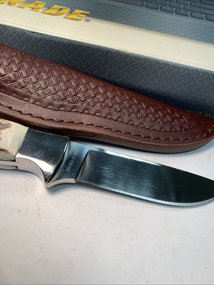 Schrade Custom Fixed Blade Knife with STAG handle &Leather Embossed Sheath SHD1