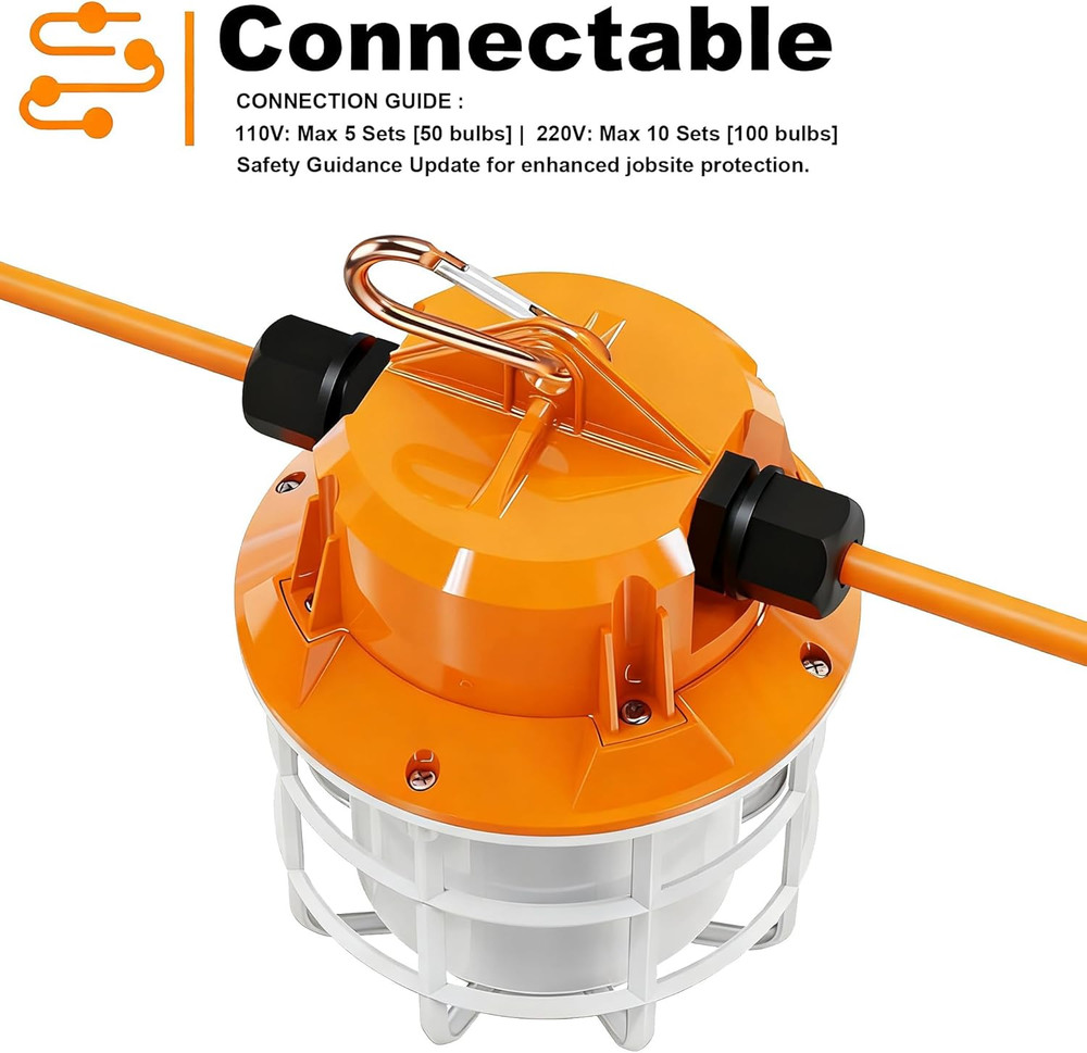 100FT LED Construction String Lights, 15000LM, IP65, 10 Bulbs, Linkable