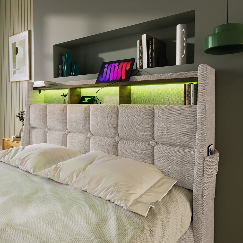 Queen Size LED Bed Frame Upholstered Platform Bed with Hydraulic Storage System