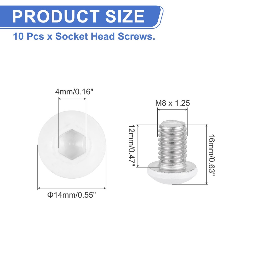 10 Pcs M8-1.25 x 12mm Button Head Socket Cap Screw Machine Screw, White