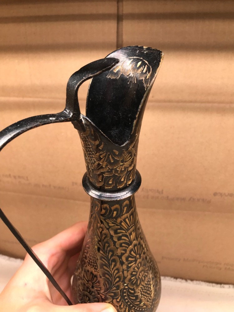 Bidriware style solid brass pitcher large engraved carafe vase