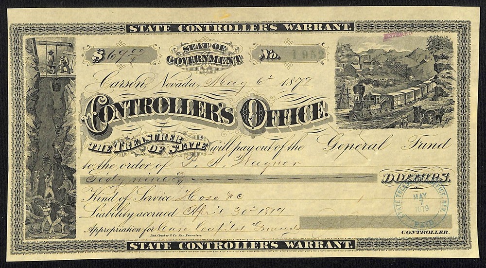 1879 Carson Nevada State Controller's Warrant P.A. Wagner for Hose?