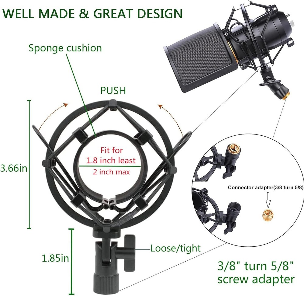 Microphone Shock Mount with Pop Filter for 46-51mm Mics - Anti-Vibration