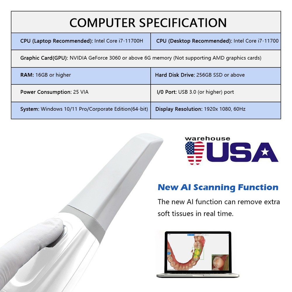 Dental Intraoral Scanner Digital Impression 3D Scanner with AI Scanning Function
