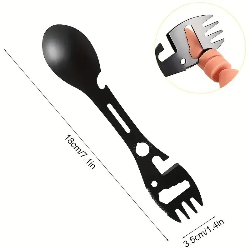 1pc Multifunction Camping Fork Spoon Bottle Opener Survival Tool Black - NEW