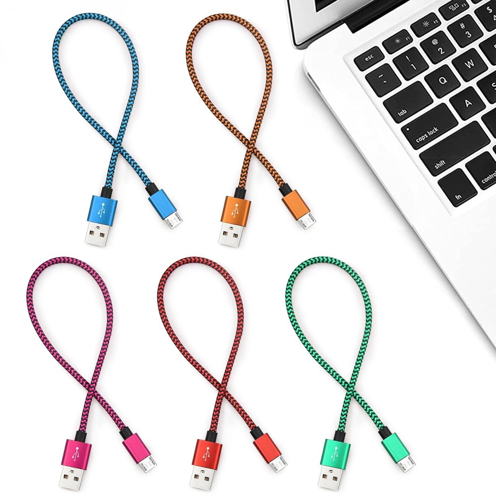 Short Micro USB Cable 5-Pack, 1ft Braided Android 1 Foot, Multicolored