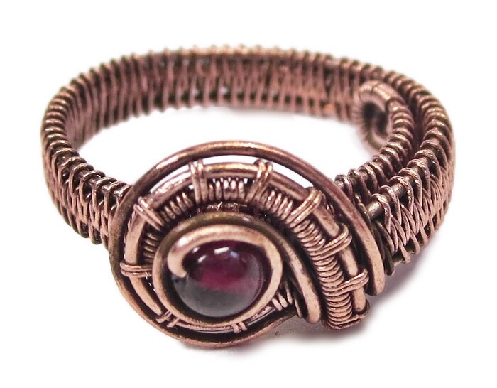 Garnet Adjustable Ring, Woven in Copper Wire