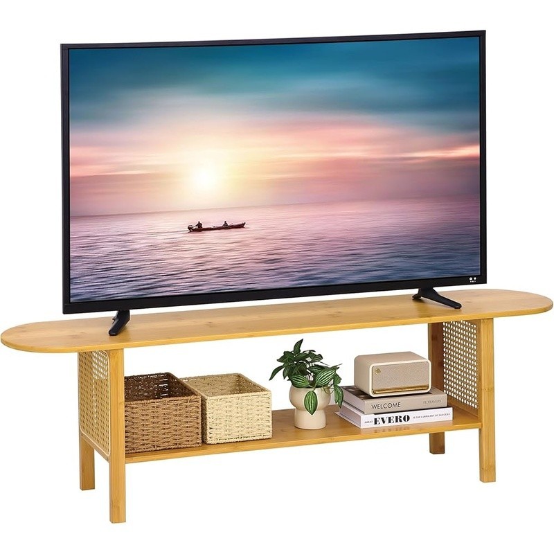 Bamboo TV Stand Rattan Design Ample Storage Multi-Functional Easy Assembly New