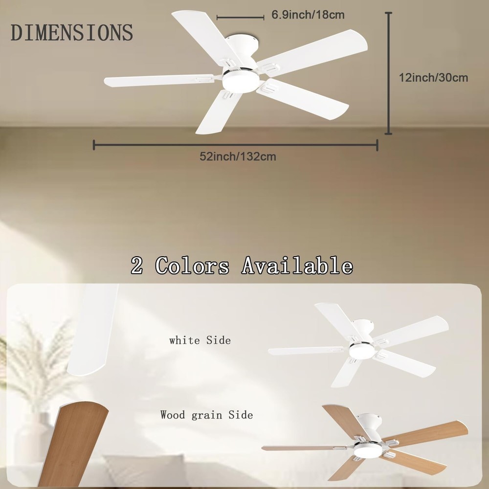 52" Low Profile Ceiling Fan with Lights, Remote/APP Control, Dimmable, White