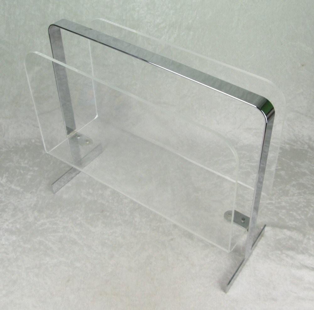 Milo Baughman Attributed Chrome and Lucite Magazine Rack Mid Century Modern