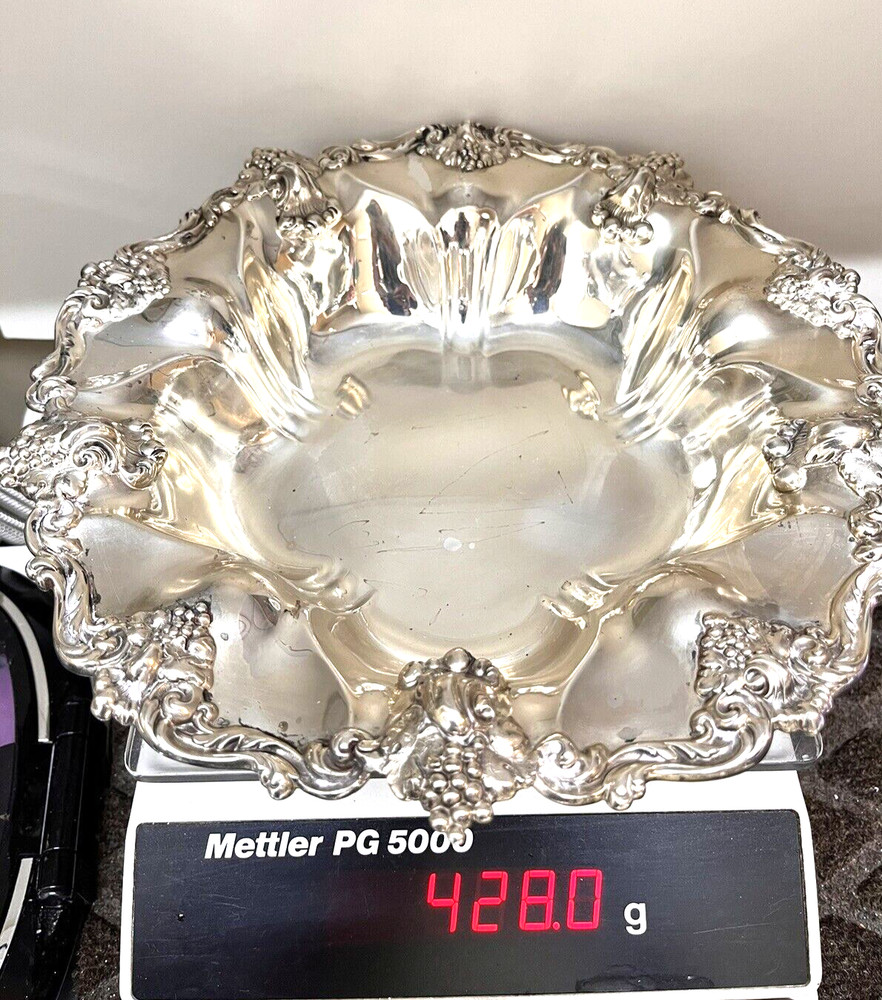 MAUSER Sterling Silver Repoussé Grape Work 10" Bowl 428Gr. Lacquered No Mono