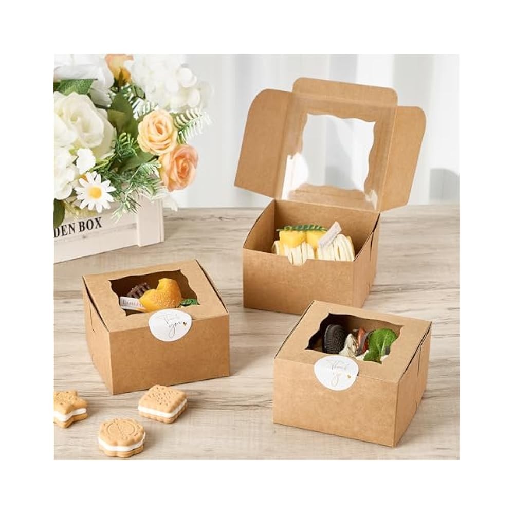 Kraft Pastry Boxes, 4x4x2.5", Window Display, Includes Stickers, 24 Count Set