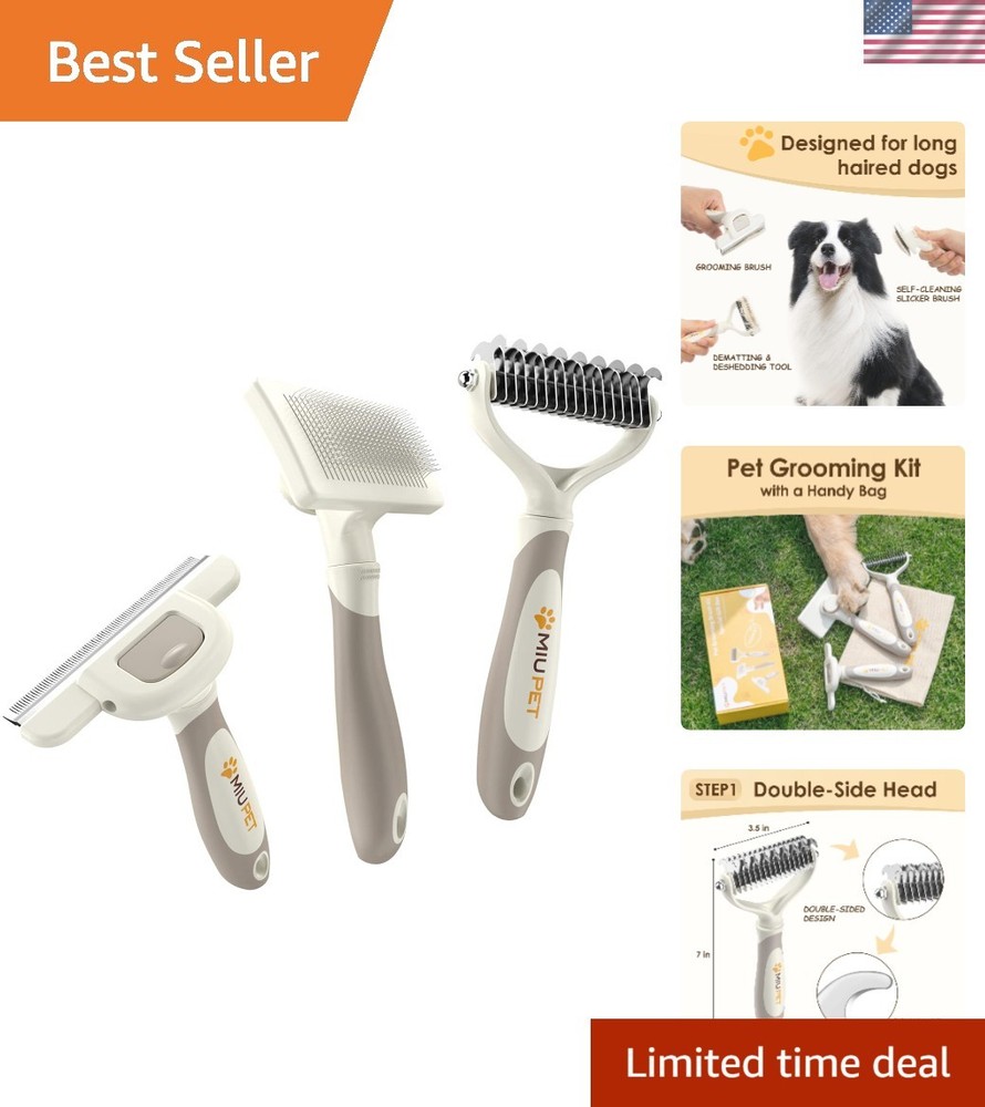 Ergonomic Deshedding Brush Set for Long-Haired Pets - Ultimate Grooming Solution