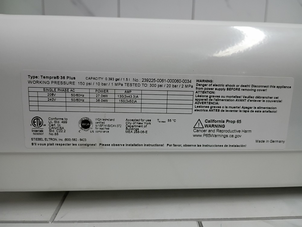STIEBEL ELTRON 239225 Tempura 36 Plus Electric Tankless Water Heater READ DISCRI
