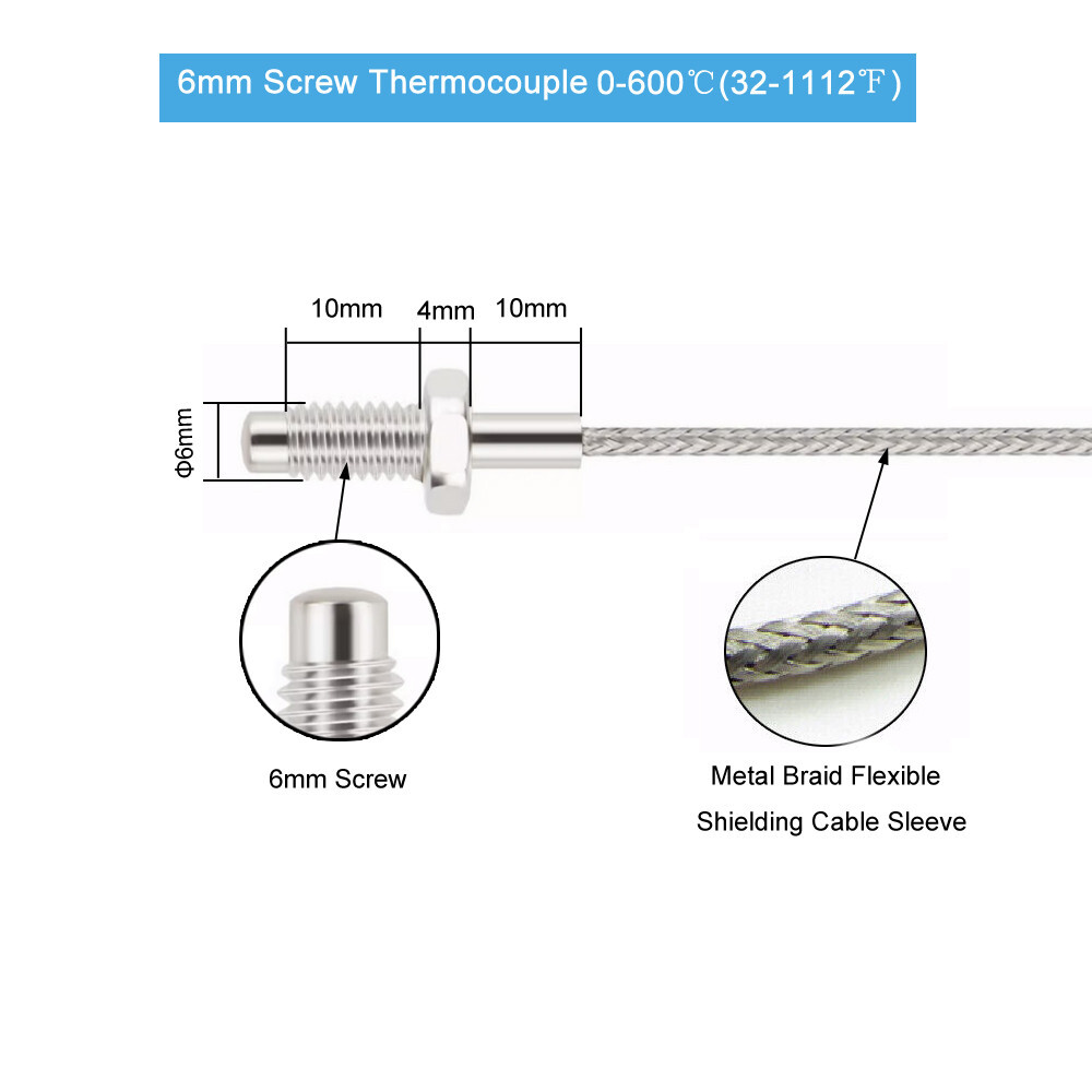 1M Cable K Type Screw Thermocouple Temperature Sensor Probe 6mm Thread 0-600℃