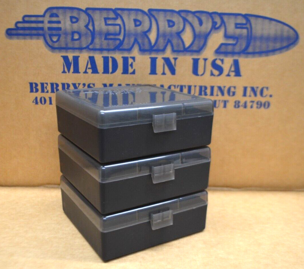 3 x 38 / 357 BERRY AMMO BOXES 100 RD PLASTIC HOLDER (SMOKE / BLACK)
