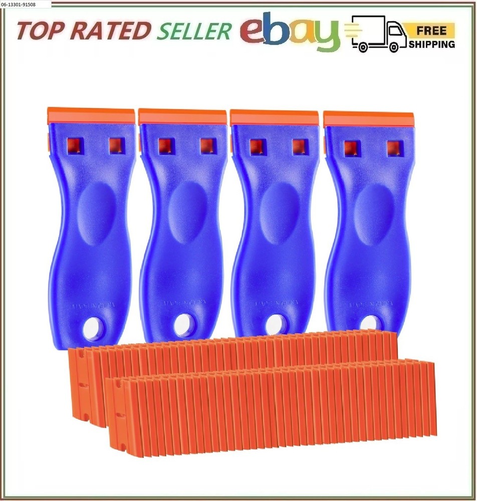 Plastic Razor Blade Scraper 4 Pcs and 120 Pcs Blades, Remove Label Decal Tool.