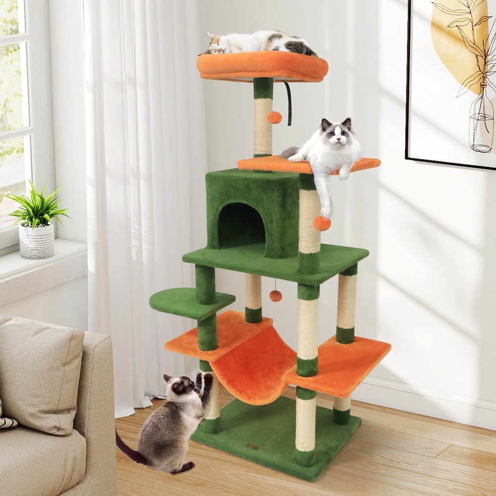 58" Tall Multi-level Cat Tree w/Upholstered Perch & Cat Condo, Comfy Hammock