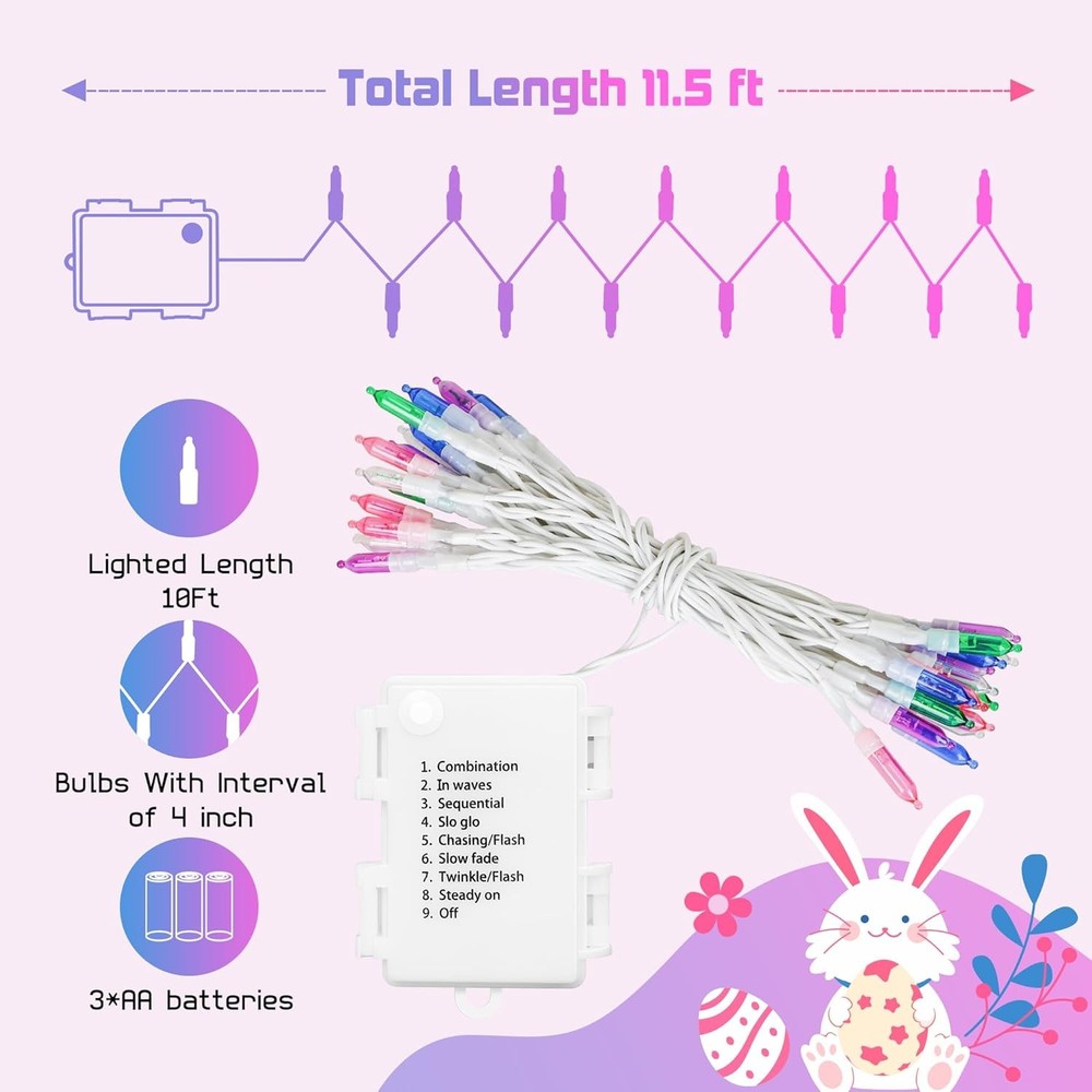 30 LED Easter Mini Lights - 11.5Ft Pastel Colored Battery String Light with 8 Mo