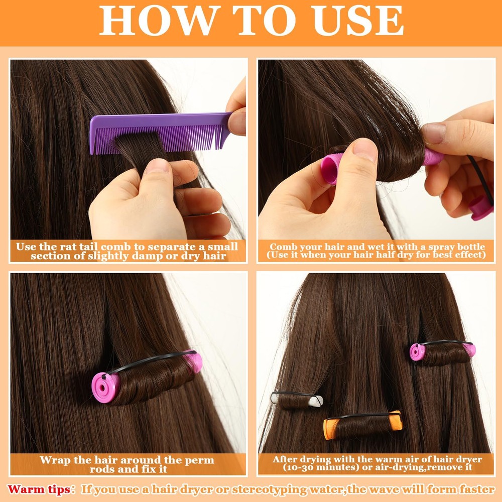 60 Pcs Perming Rods Set - 8 Sizes Cold Wave Rollers with Rat Tail Combs Clips...