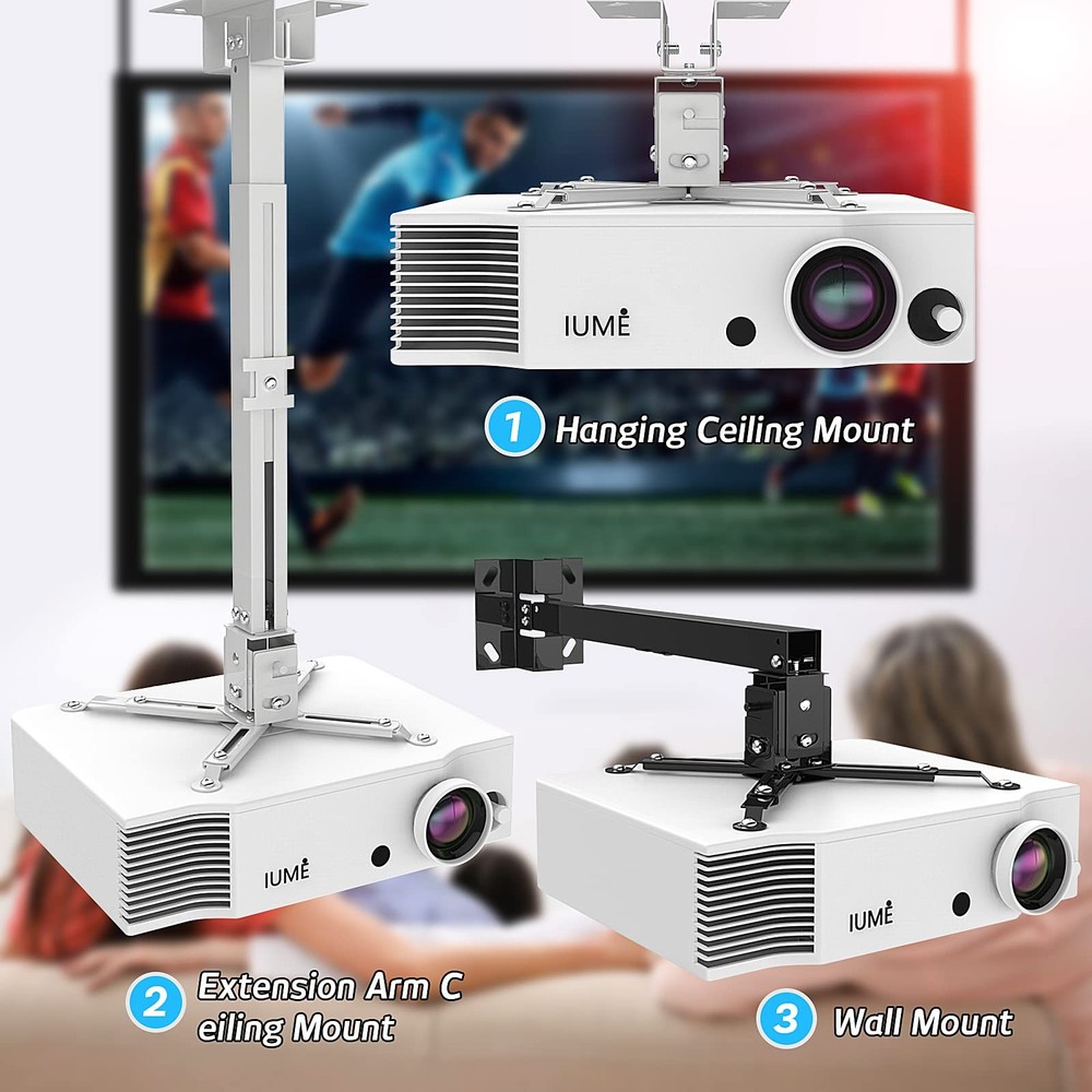 White Projector Mount, Extending Wall Ceiling, Height Adjustable, 44 lbs Load