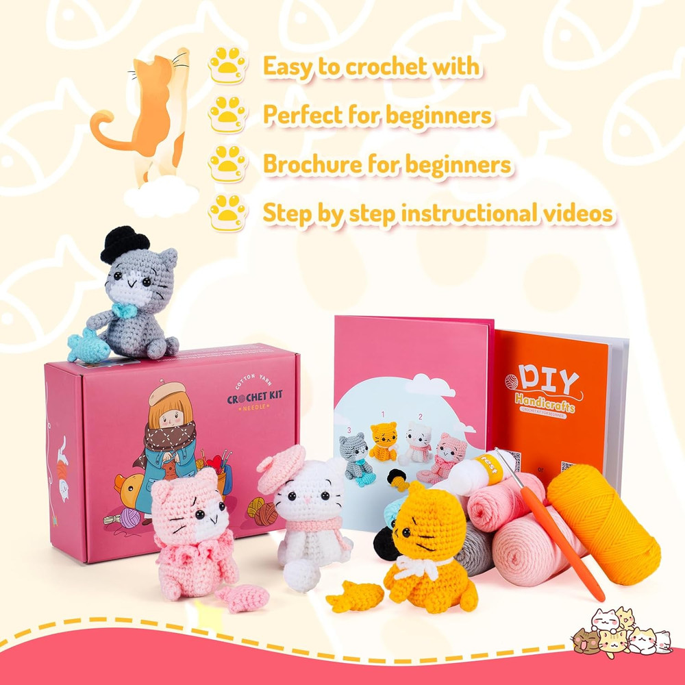 Crochet Kit for Beginners - Cat Crochet Kit with Step-by-Step Video Tutorials, L