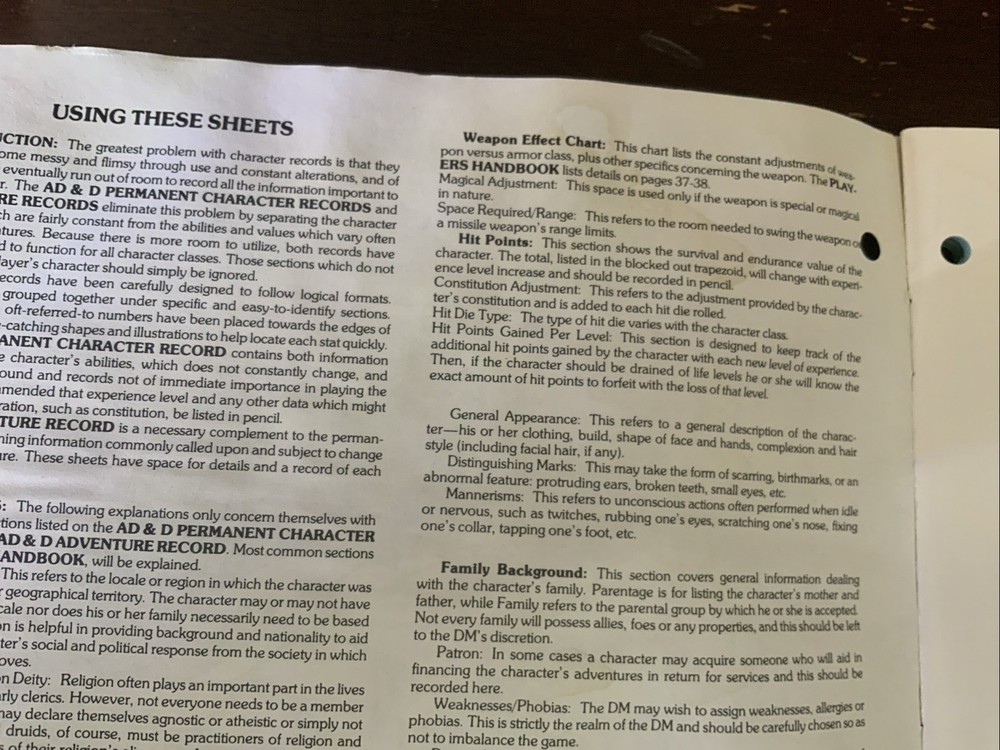 TSR: AD&D 1E Player's Supplement - PERMANENT CHARACTER FOLDER