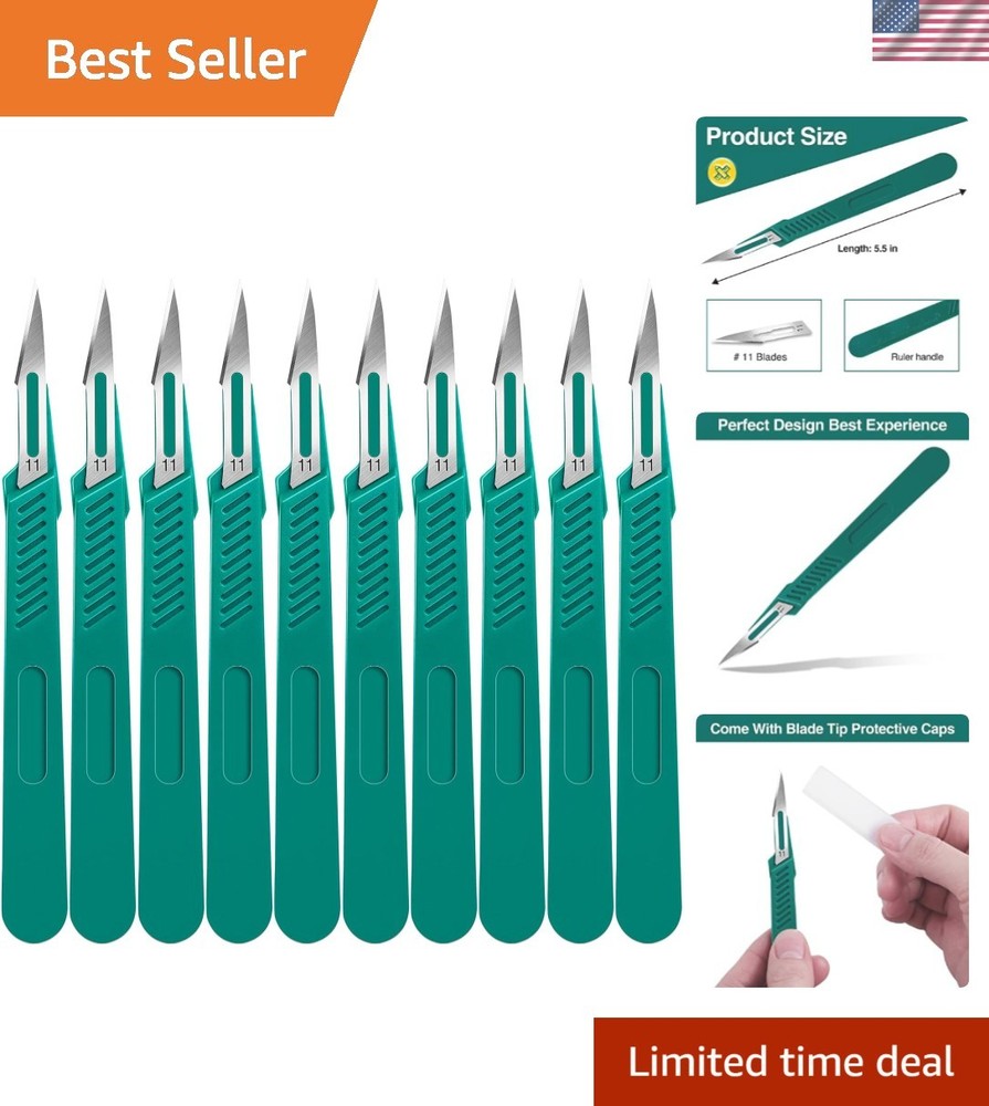 Sharp Disposable Scalpel Blades - 10PC Set with Safety Covers & Ruler Handle
