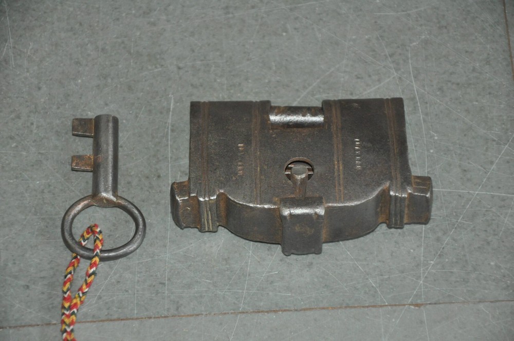 Vintage Unique Solid Lines Engraved Iron Handcrafted Padlock, Nice Patina