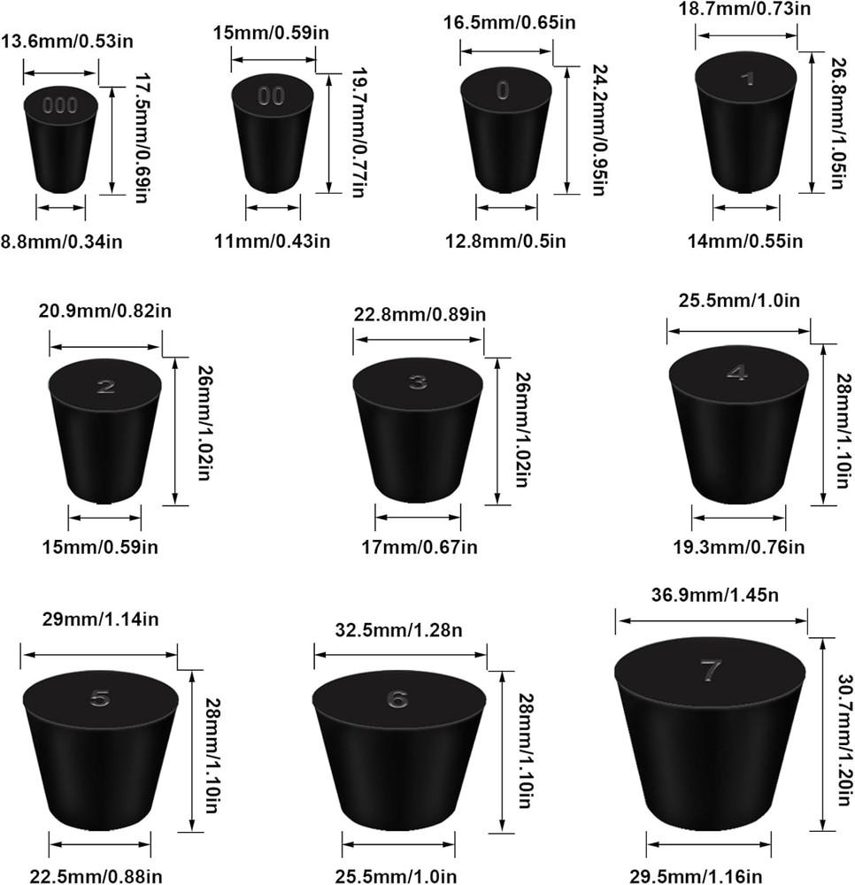 10 Assorted Sizes 000#-7# Tapered Lab Bungs Solid Rubber Stoppers