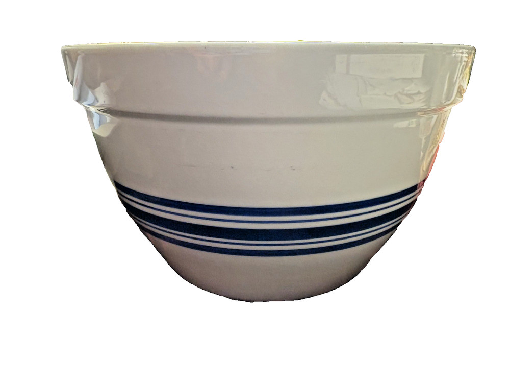 2 Crate & Barrel Heavy Duty Mixing Nesting Bowls White Blue Stripes Ceramic