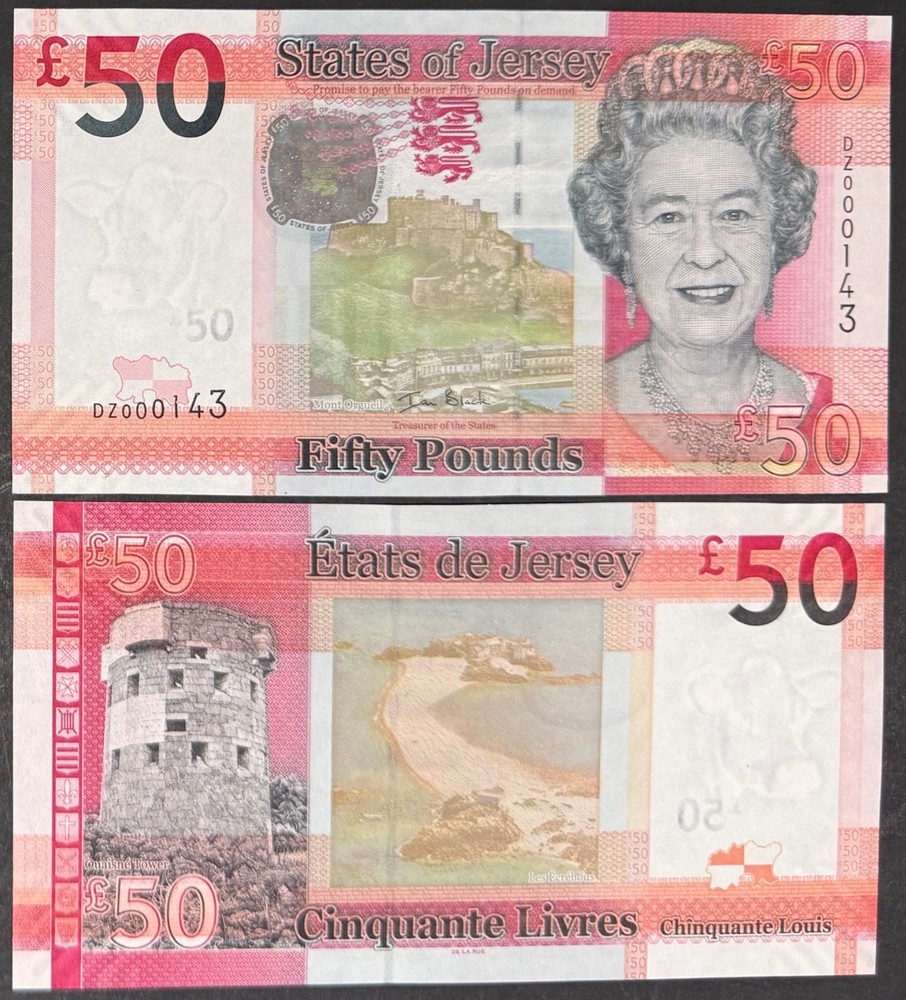 **JERSEY £50 NOTE** **REPLACEMENT ISSUE** **DZ000143** **UNC** **IAN BLACK**